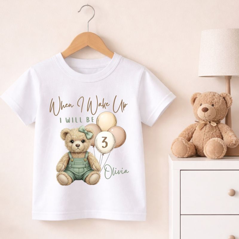 Teddy Bear When I Wake Up Sage Green Dungaree Hair Bow DTF or UVDTF Decal