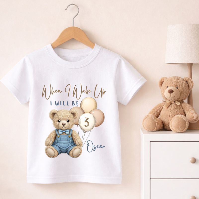 Teddy Bear When I Wake Up Blue Dungaree Dicky Bow DTF or UVDTF Decal