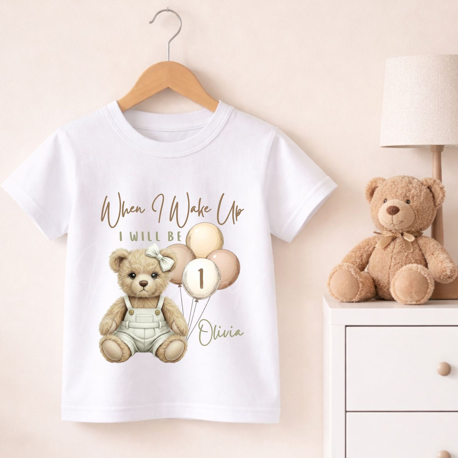 Teddy Bear When I Wake Up Light Sage Dungaree Hair Bow DTF or UVDTF Decal