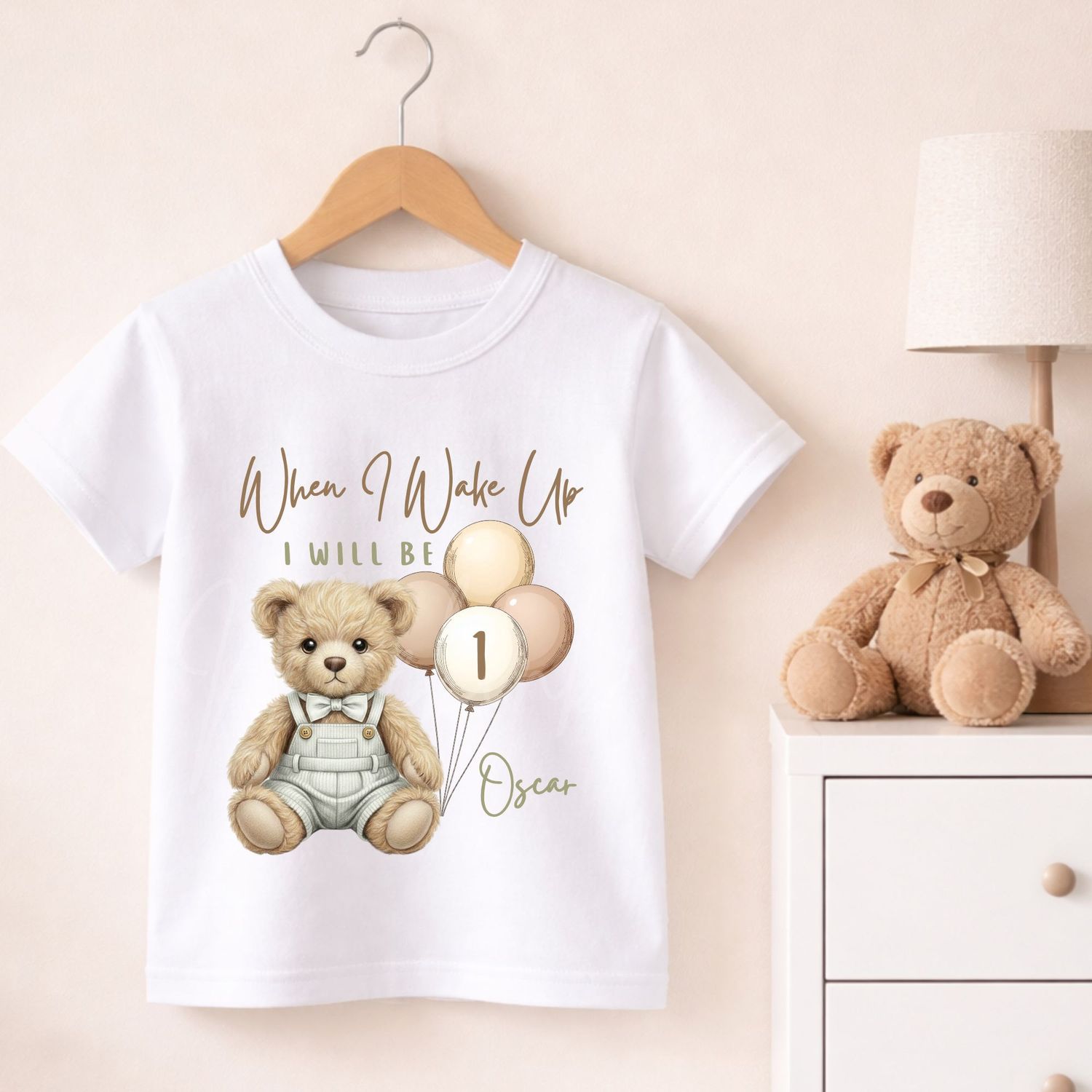 Teddy Bear When I Wake Up Light Sage Dungaree Dicky Bow DTF or UVDTF Decal