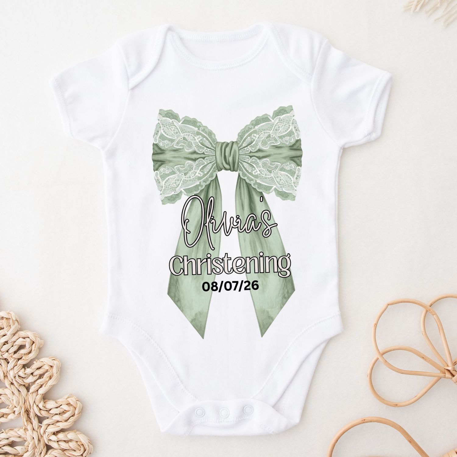 Sage Green Personalised Bow Christening  DTF or UVDTF Decal