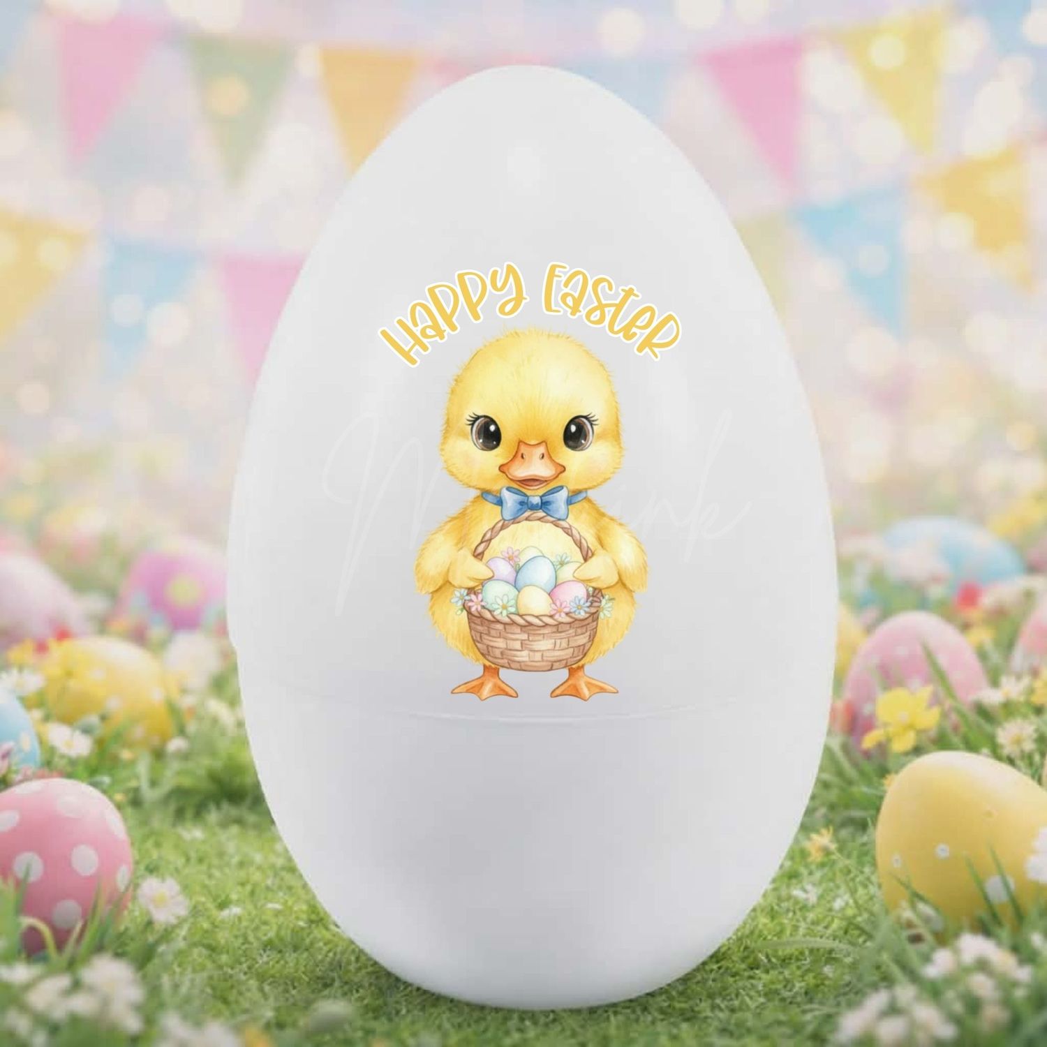 Happy Easter Yellow Duck Dicky Bow Floral Basket DTF or UVDTF Decal