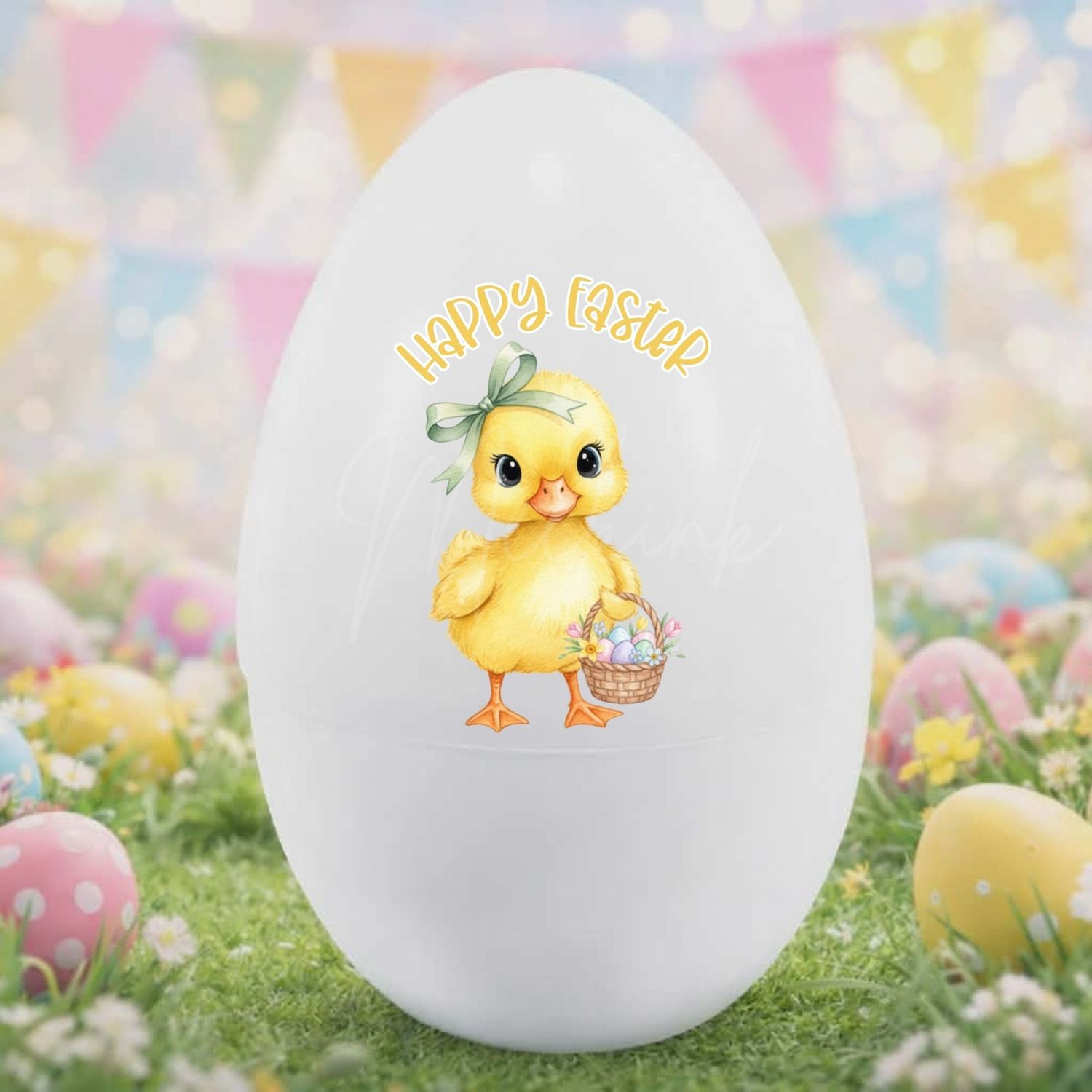 Happy Easter Yellow Duck Hair Bow Floral Basket DTF or UVDTF Decal