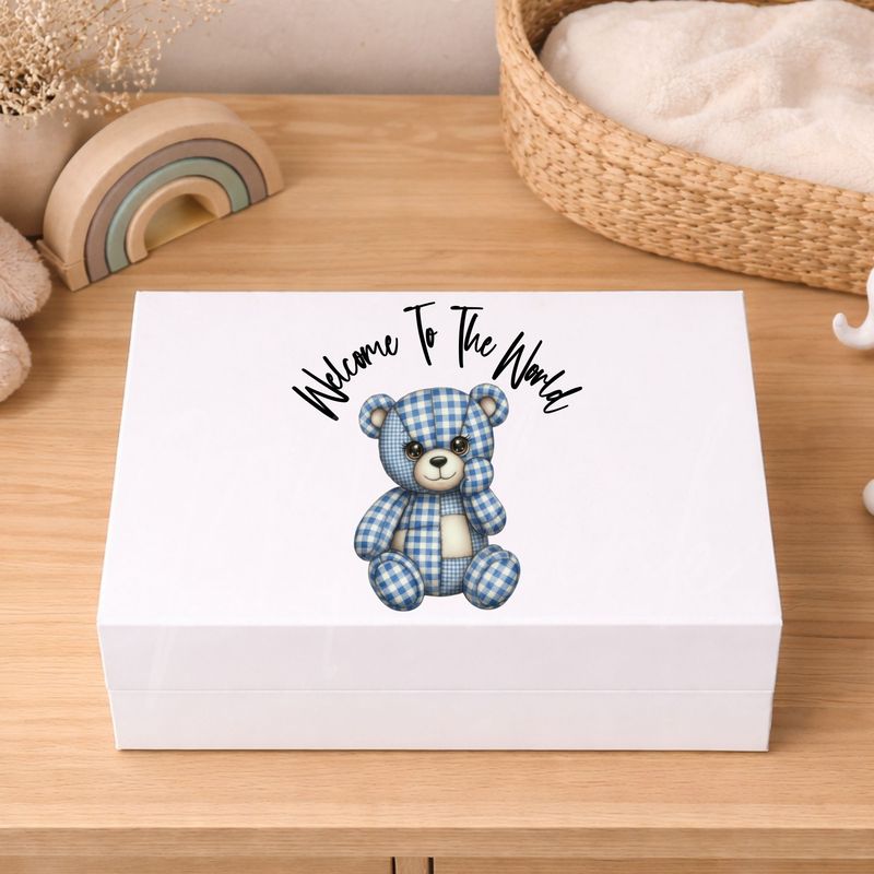 Quilted Patchwork Gingham Blue Bear DTF or UVDTF Decal