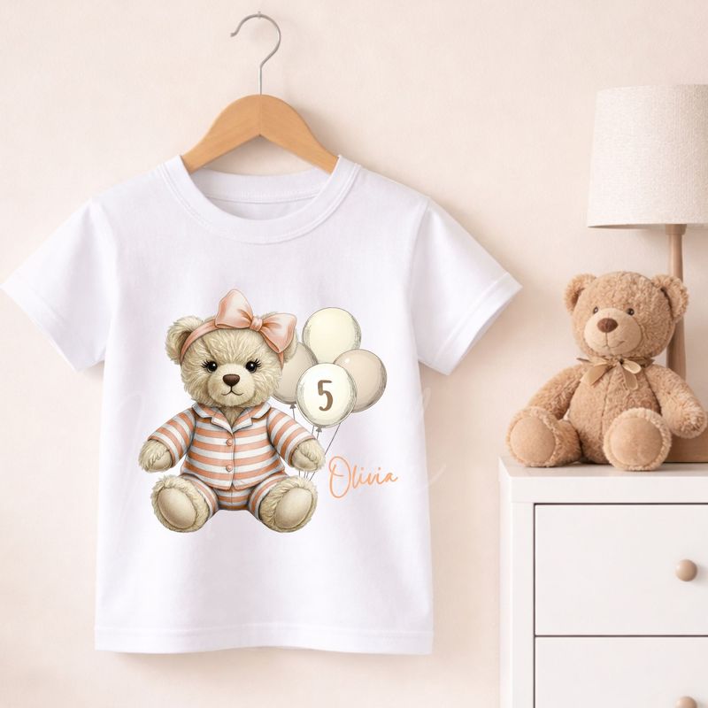 Teddy Bear Striped Pjs Coral Hair Bow DTF or UVDTF Decal