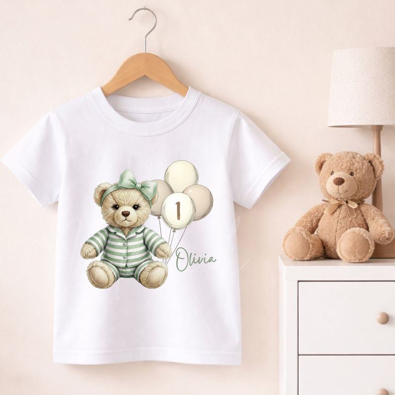 Teddy Bear Striped Pjs Sage Green Hair Bow DTF or UVDTF Decal