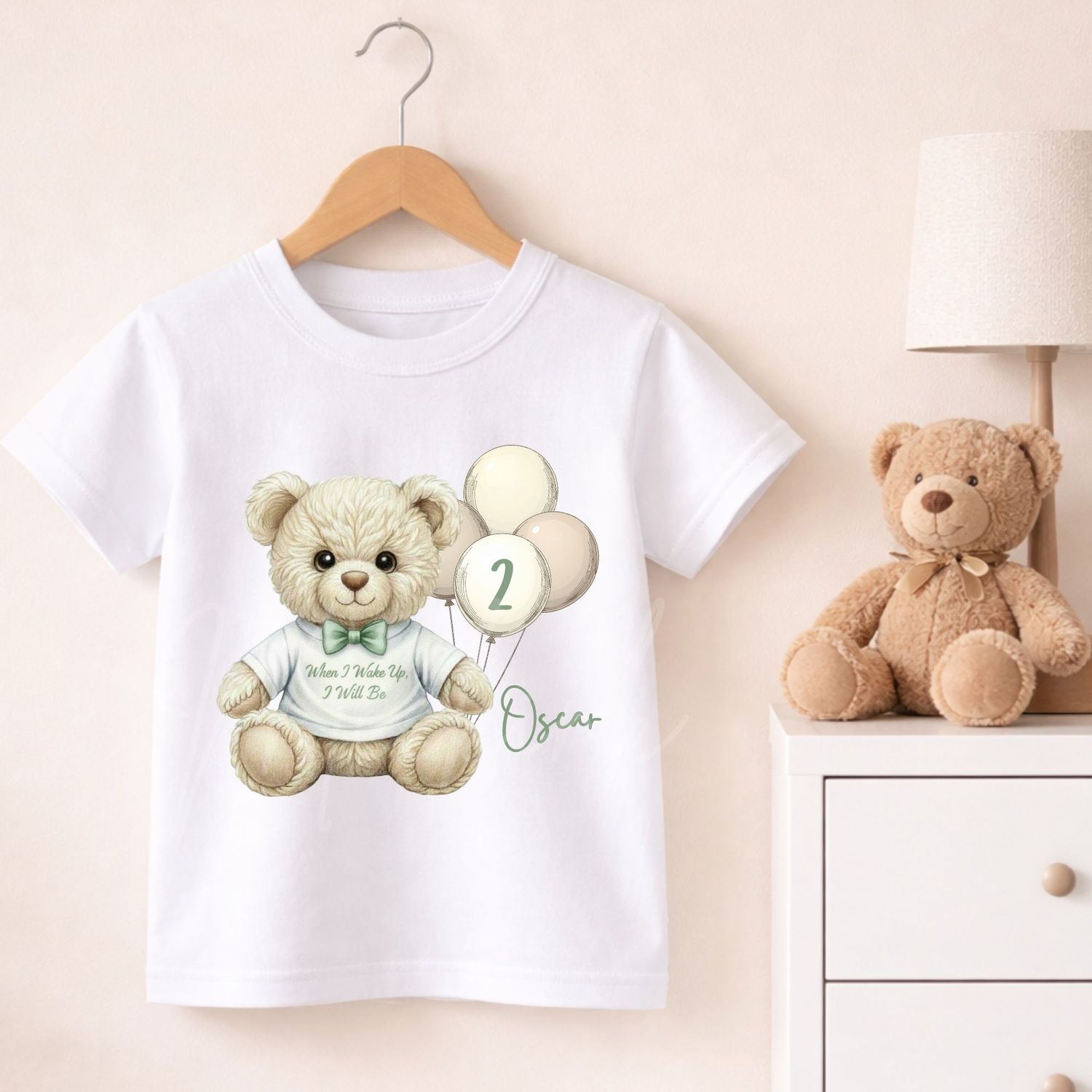 Teddy Bear When I Wake Up T shirt Sage Green Dicky Bow DTF or UVDTF Decal