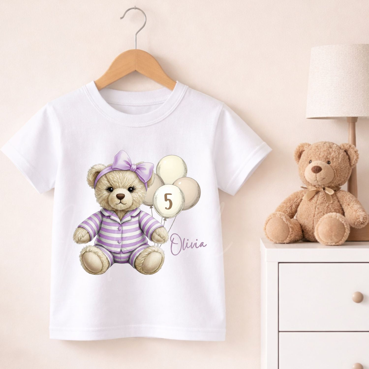 Teddy Bear Striped Pjs Lilac Hair Bow DTF or UVDTF Decal