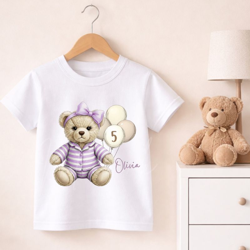 Teddy Bear Striped Pjs Lilac Hair Bow DTF or UVDTF Decal