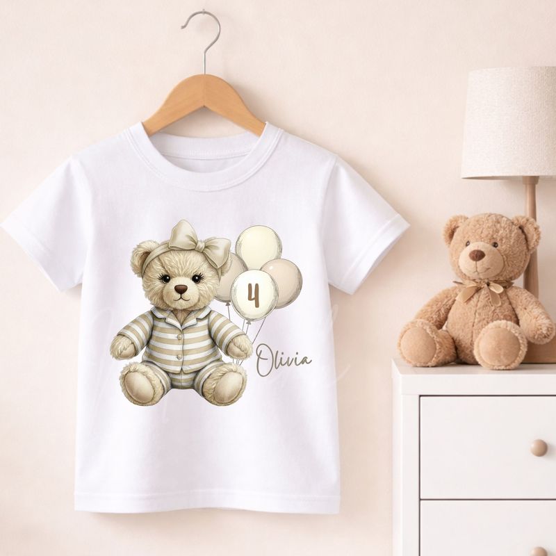 Teddy Bear Striped Pjs Beige Hair Bow DTF or UVDTF Decal