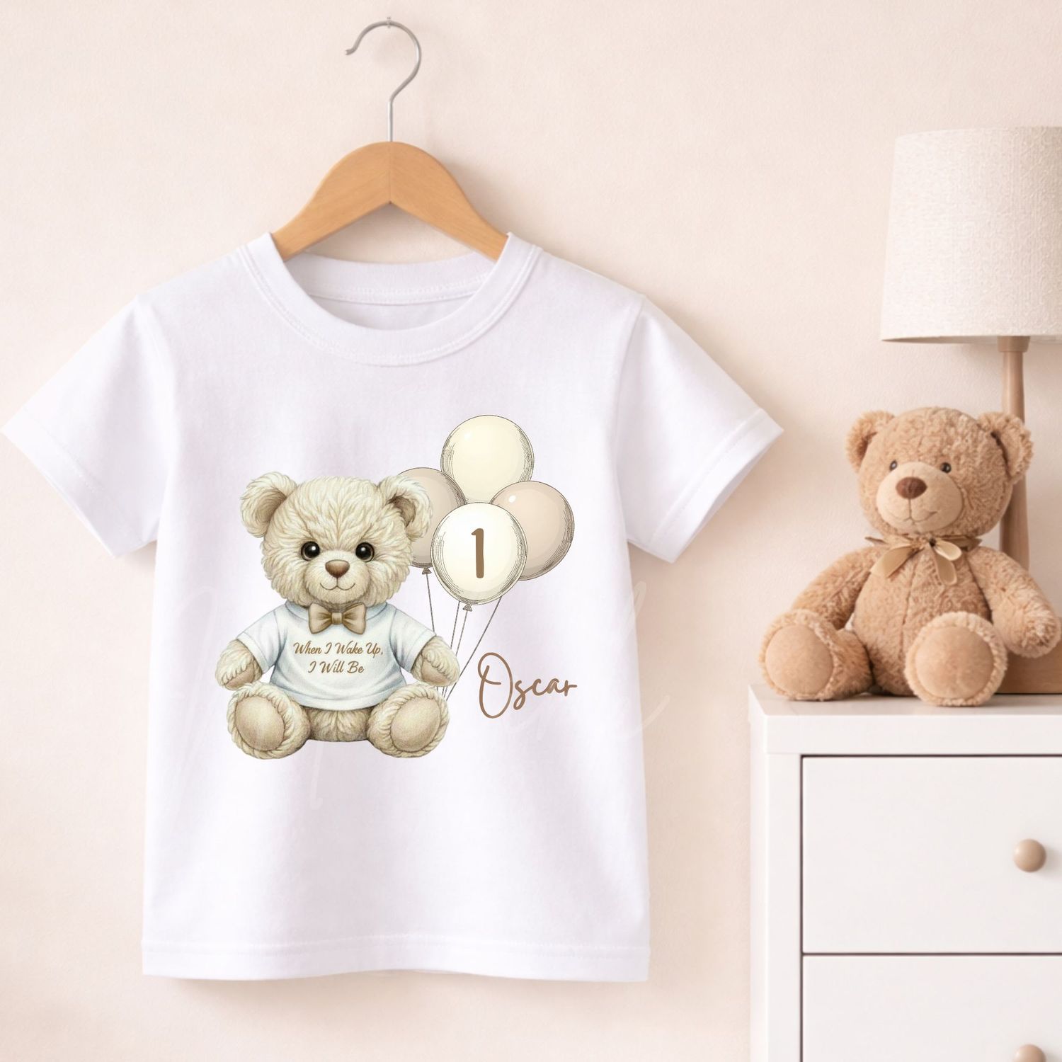 Teddy Bear When I Wake Up T shirt Beige Dicky Bow DTF or UVDTF Decal