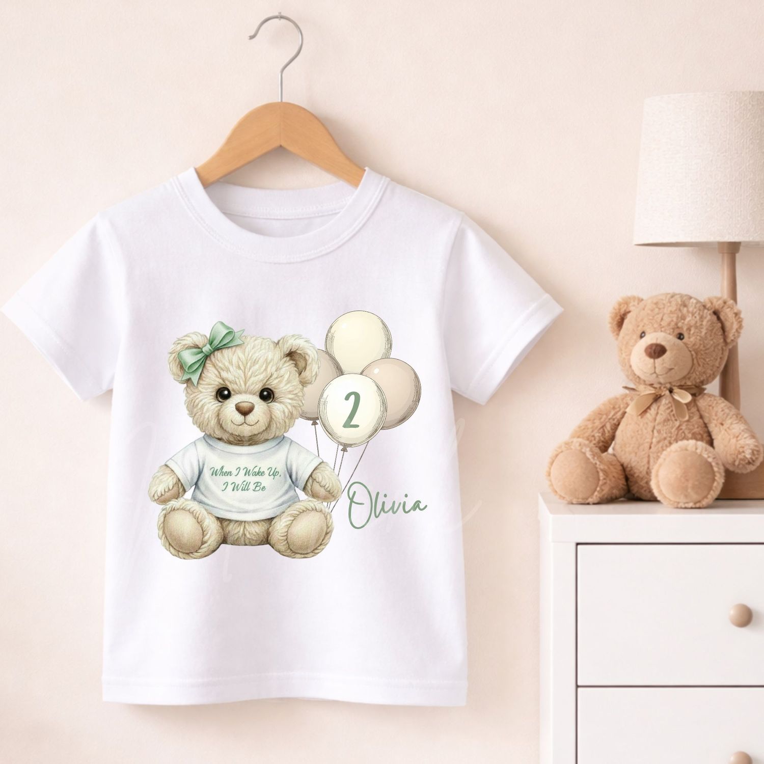 Teddy Bear When I Wake Up T shirt Sage Green Hair Bow DTF or UVDTF Decal
