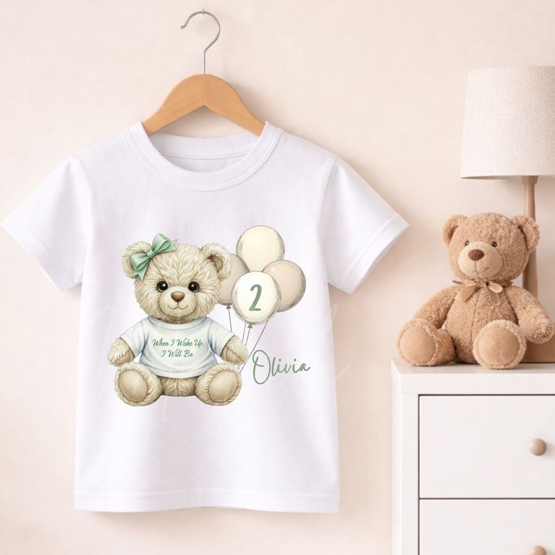 Teddy Bear When I Wake Up T shirt Sage Green Hair Bow DTF or UVDTF Decal