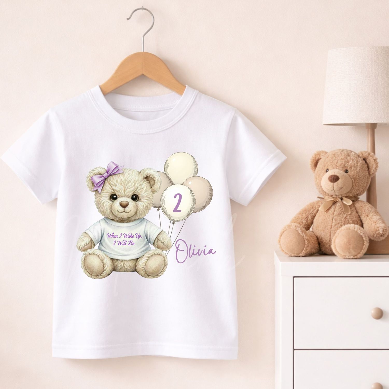 Teddy Bear When I Wake Up T shirt Lilac Hair Bow DTF or UVDTF Decal