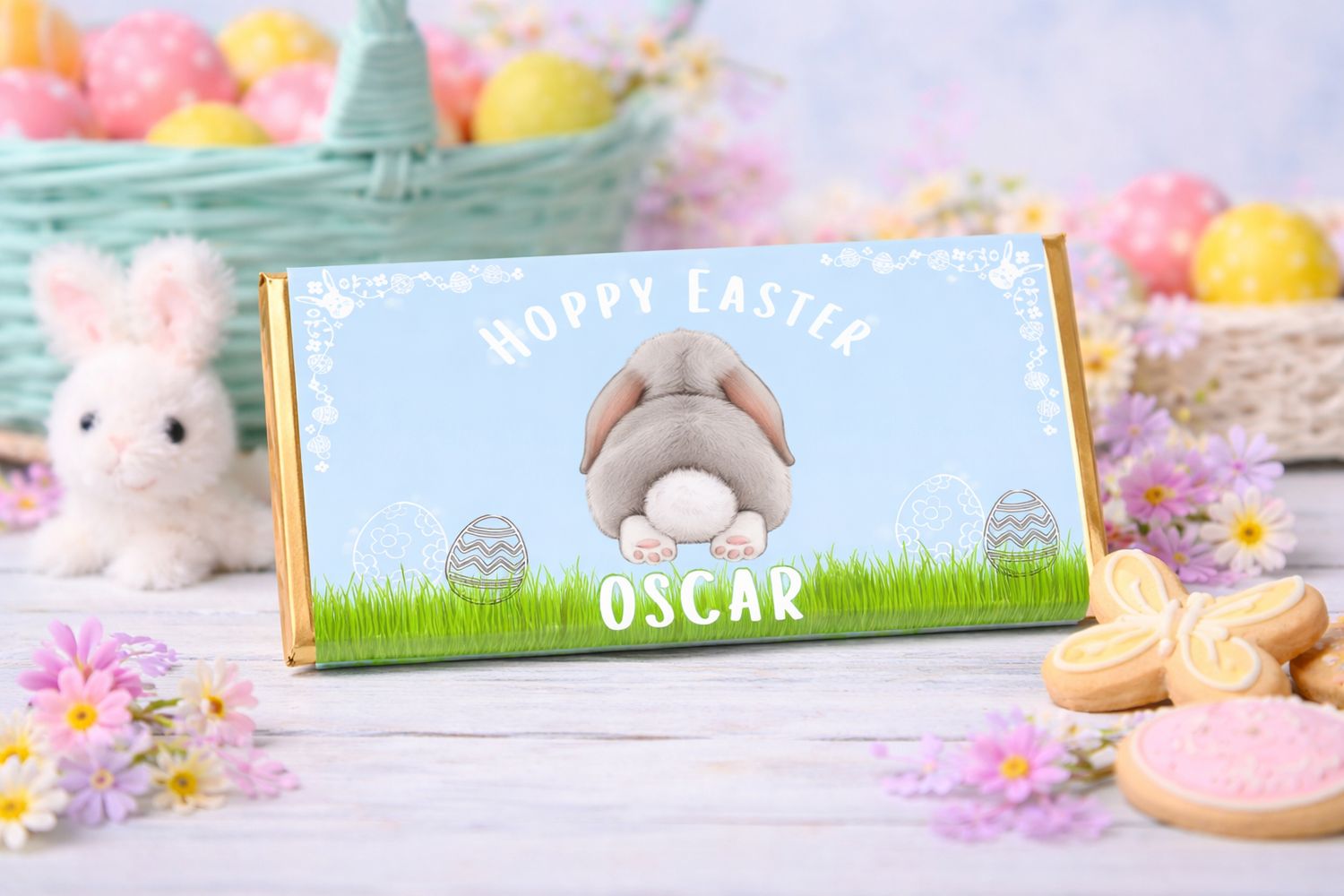 Personalised Easter Bunny Blue Chocolate Bar Wrapper