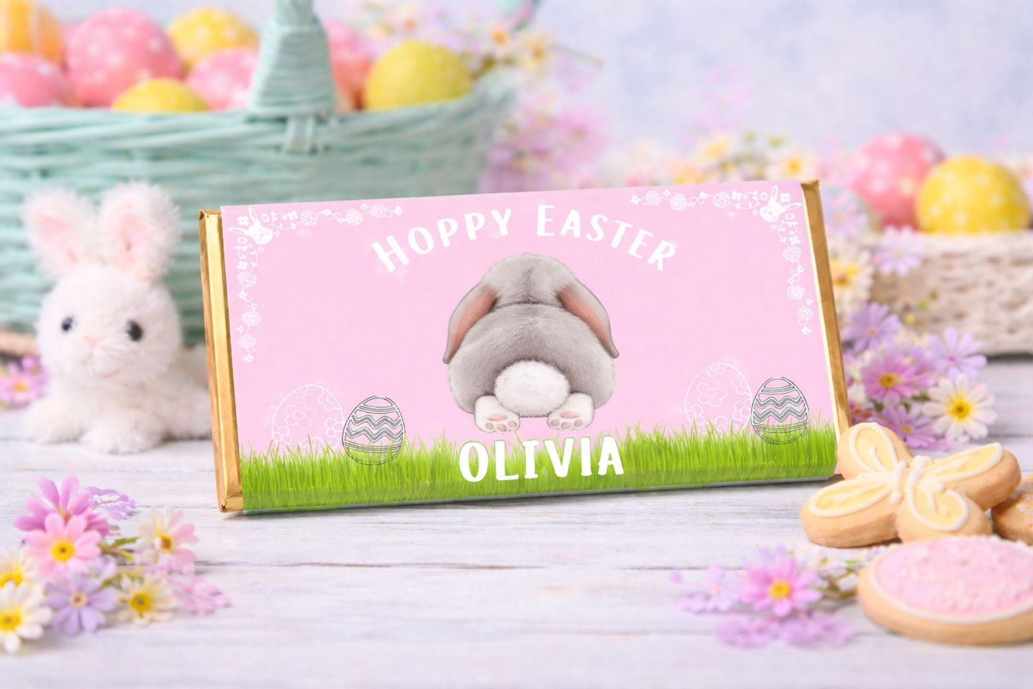Personalised Easter Bunny Pink Chocolate Bar Wrapper