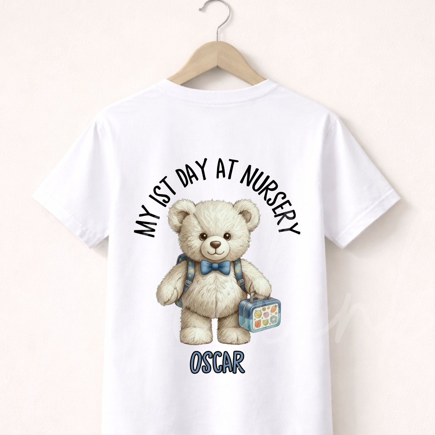 1st Day At Nursery Blue Bow Bear 15cm DTF PRINT