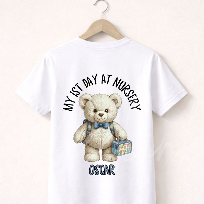 1st Day At Nursery Blue Bow Bear 15cm DTF PRINT