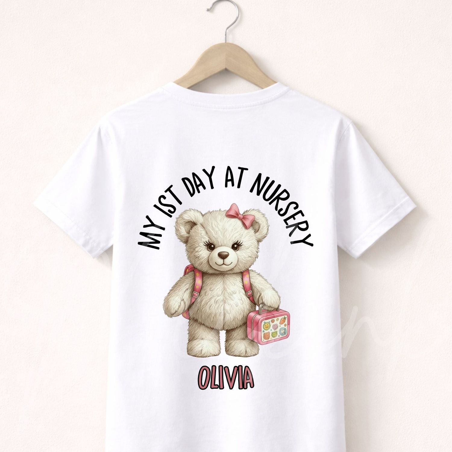 1st Day At Nursery Pink Bow Bear 15cm DTF PRINT