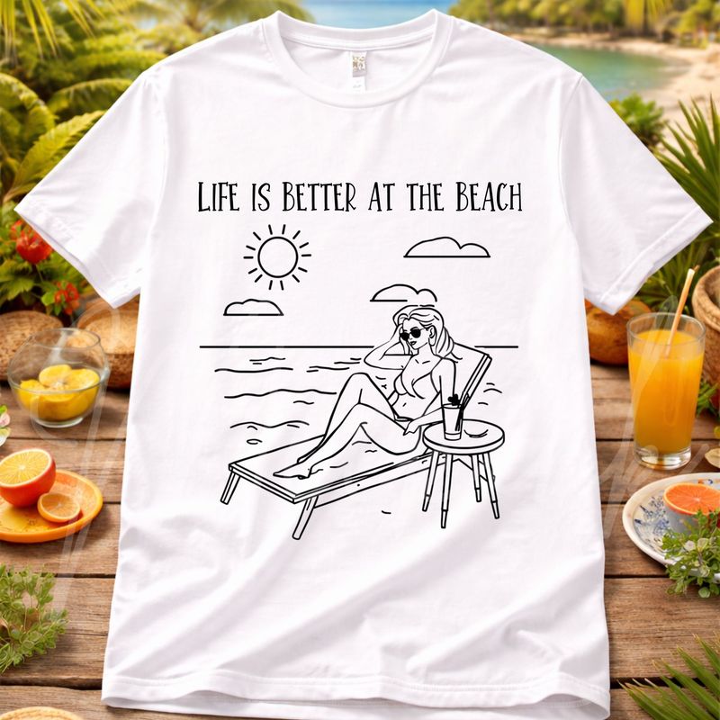 Life Is Better At The Beach Black Line Art UVDTF or DTF Decal