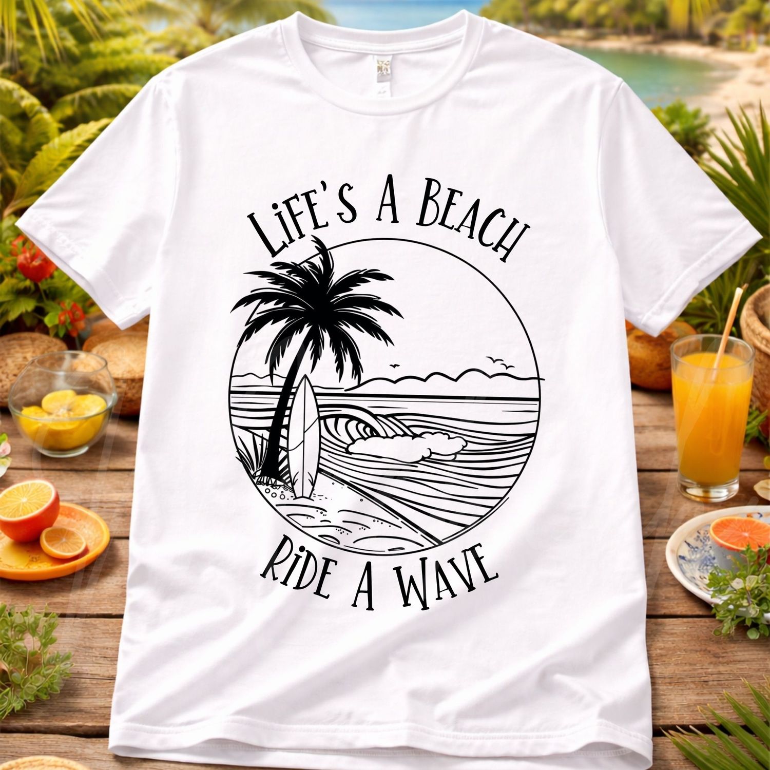 Life's A Beach Ride A Wave Line Art UVDTF or DTF Decal