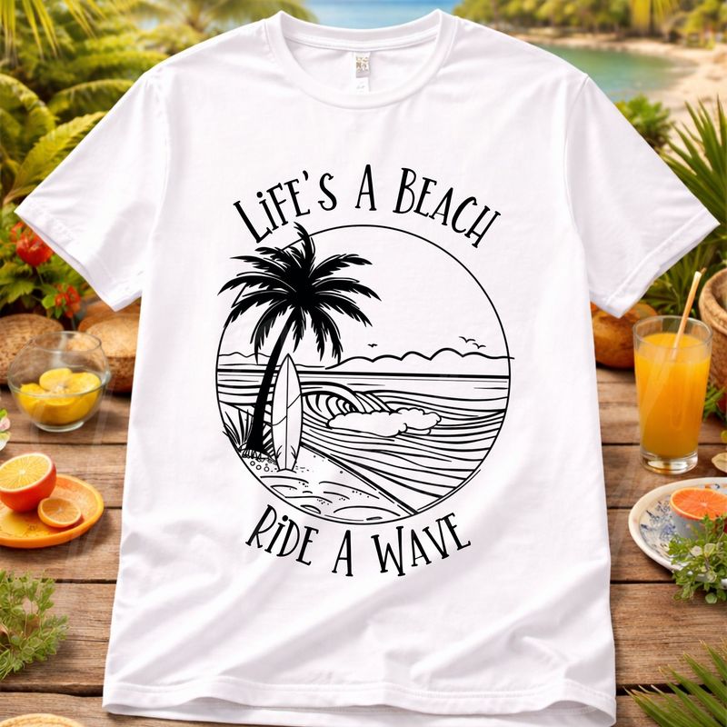 Life's A Beach Ride A Wave Line Art UVDTF or DTF Decal