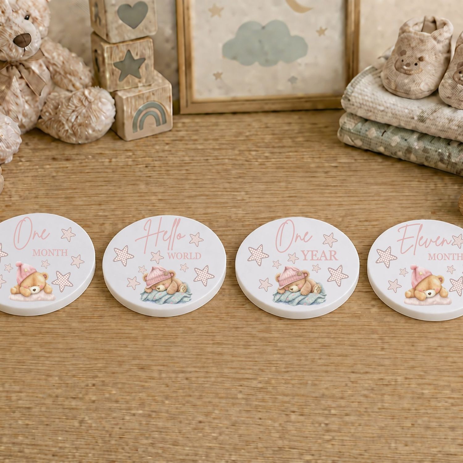 Sleepy Bear Pink Baby Milestone UVDTF Or DTF x13 Decals
