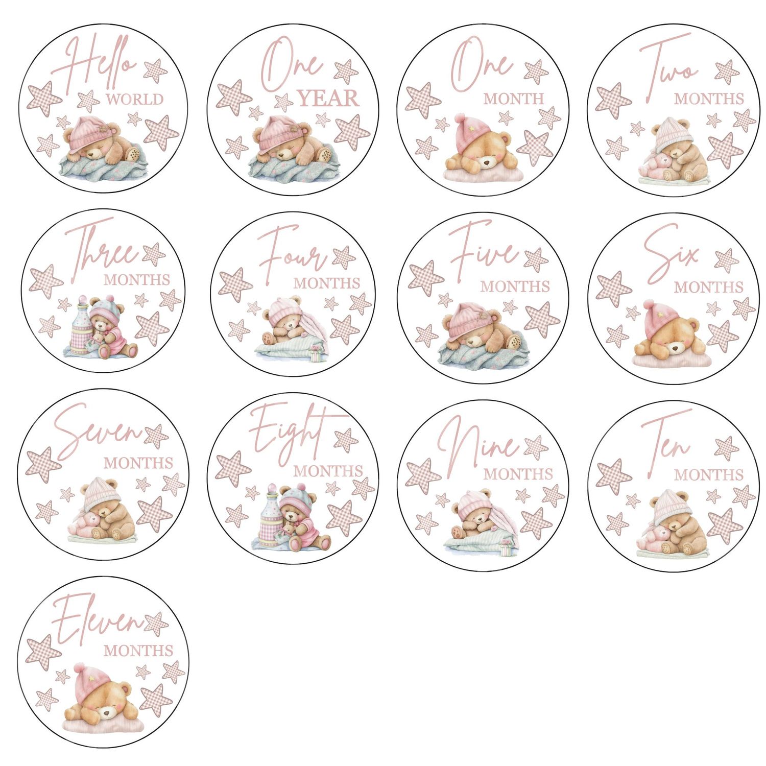 Sleepy Bear Pink Baby Milestone UVDTF Or DTF x13 Decals