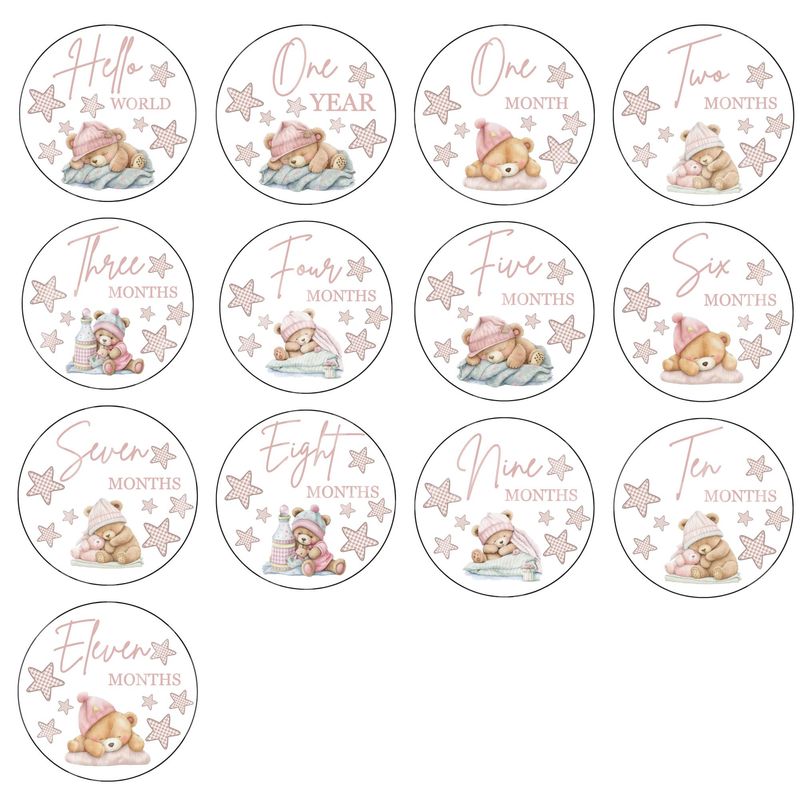 Sleepy Bear Pink Baby Milestone UVDTF Or DTF x13 Decals