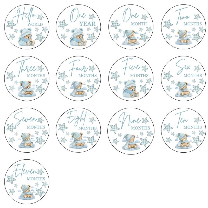 Sleepy Bear Blue Baby Milestone UVDTF Or DTF x13 Decals