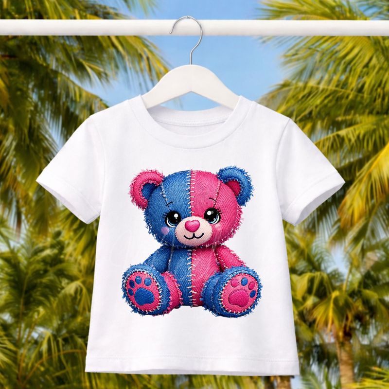 Pink &amp; Blue Bear Denim Effect DTF or UVDTF Decal