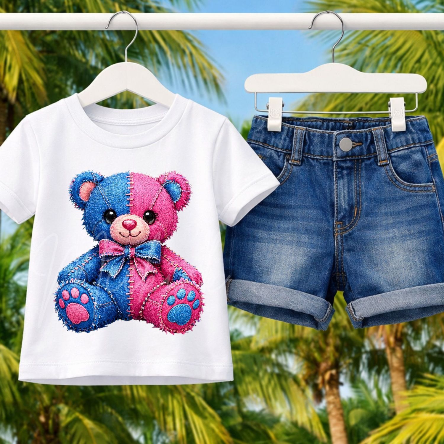 Blue &amp; Pink Bear 2 Denim Effect DTF or UVDTF Decal