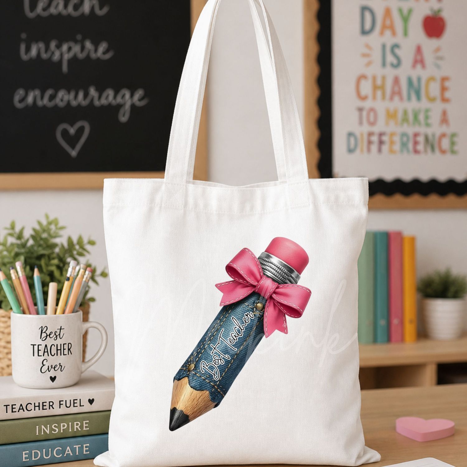 Best Teacher Bow Pencil Denim Effect 15cm DTF PRINT