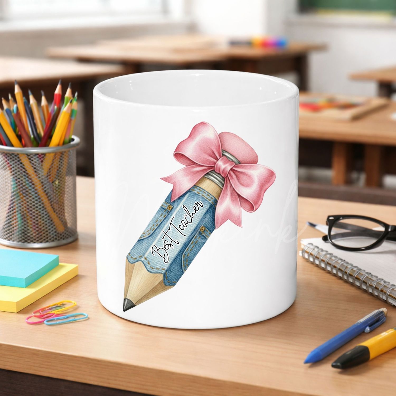 Denim Effect Bow Best Teacher 8cm UVDTF Decal