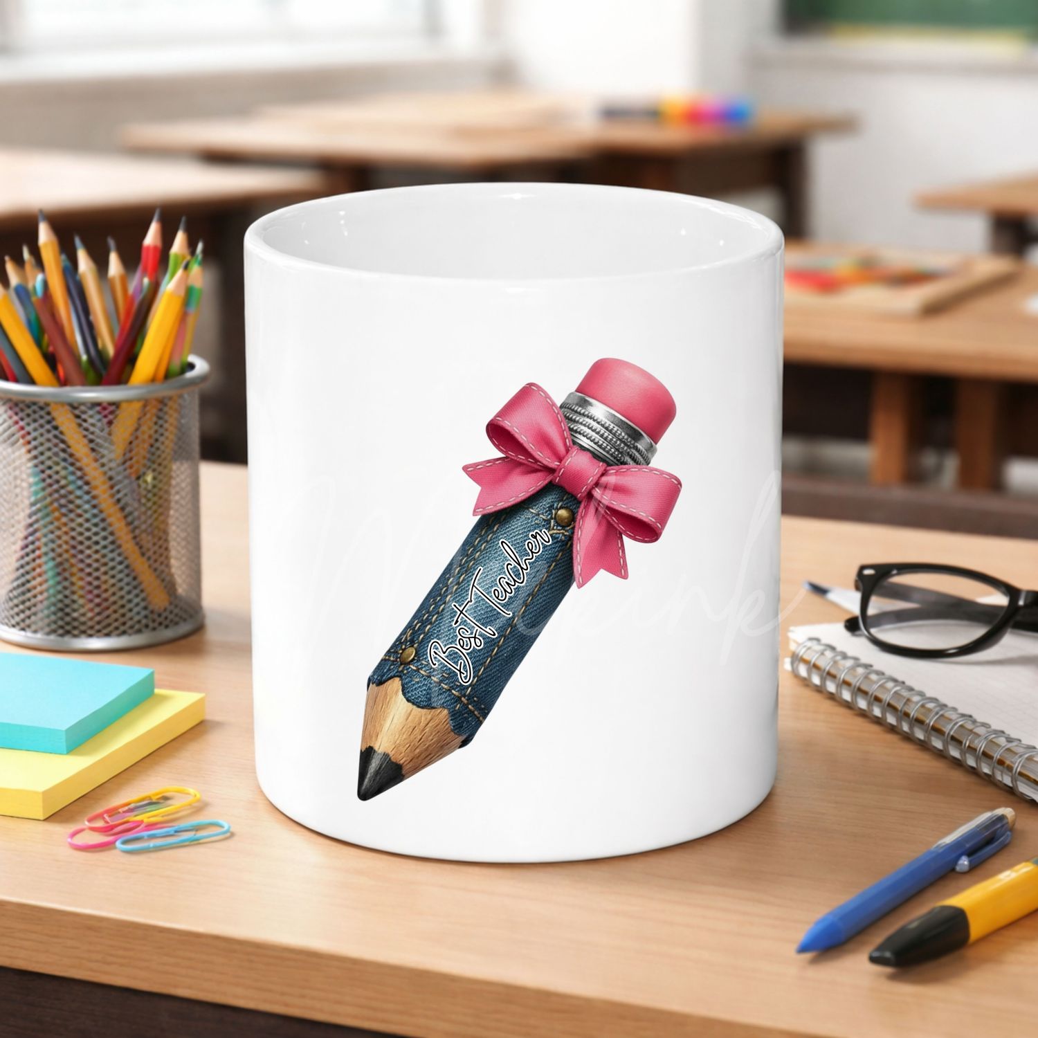 Denim Bow Pencil Personalised Teacher DTF or UVDTF Decal