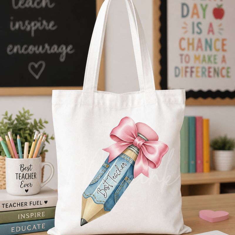 Denim Bow Pencil Personalised Teacher Bow DTF or UVDTF Decal