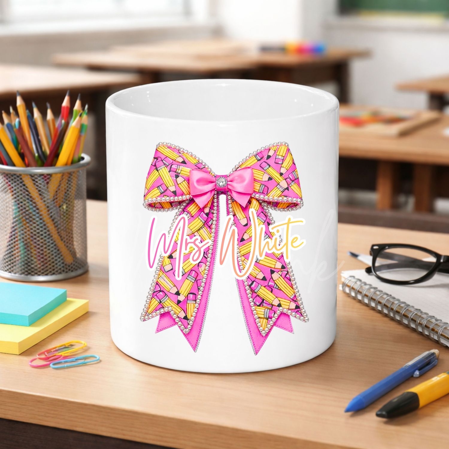 Teacher Pencil Personalised Teacher Bow DTF or UVDTF Decal