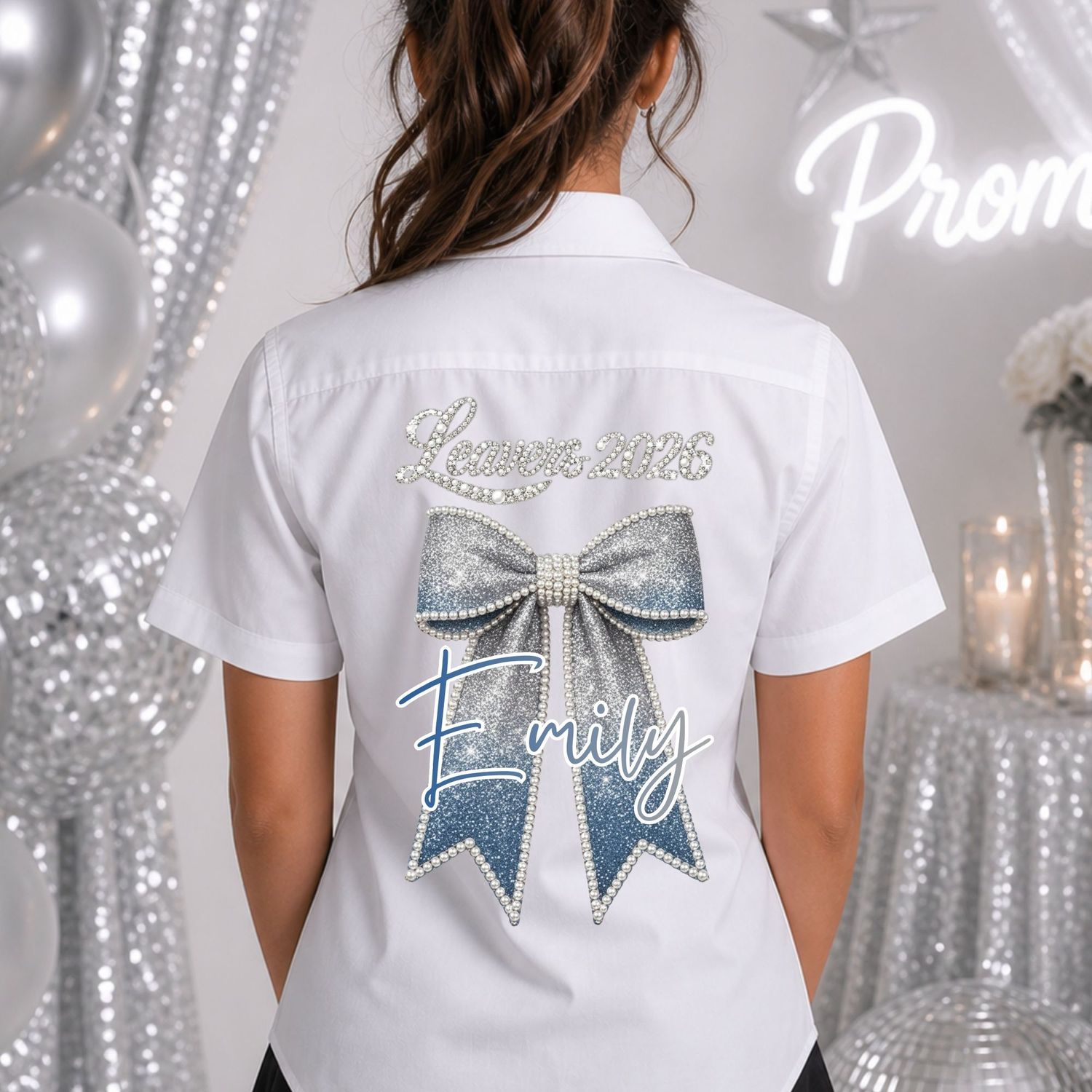 Ombre Blue Pearls &amp; Sparkle Effect 2026 School Leavers DTF