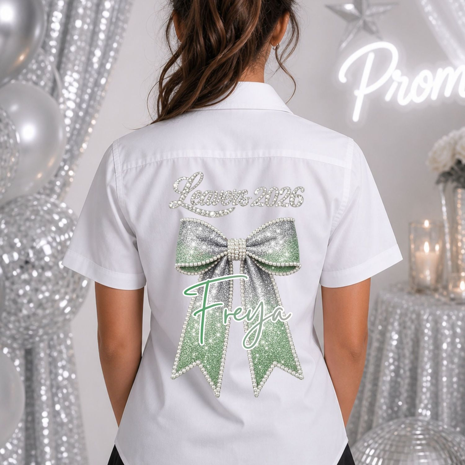 Ombre Green Pearls &amp; Sparkle Effect 2026 School Leavers DTF