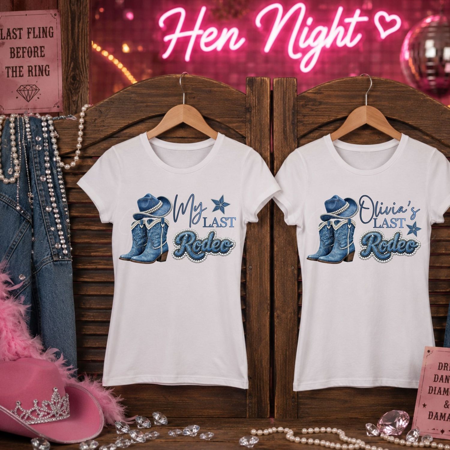 Last Rodeo Cow Girl Blue Denim Effect Hen Night DTF