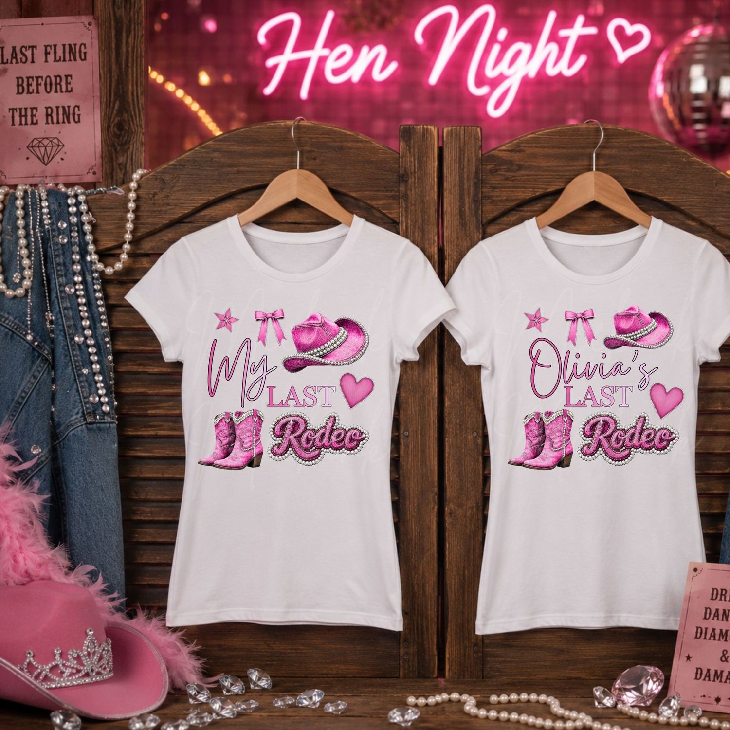 Last Rodeo Cow Girl Pink Hen Night Pink Denim Effect DTF