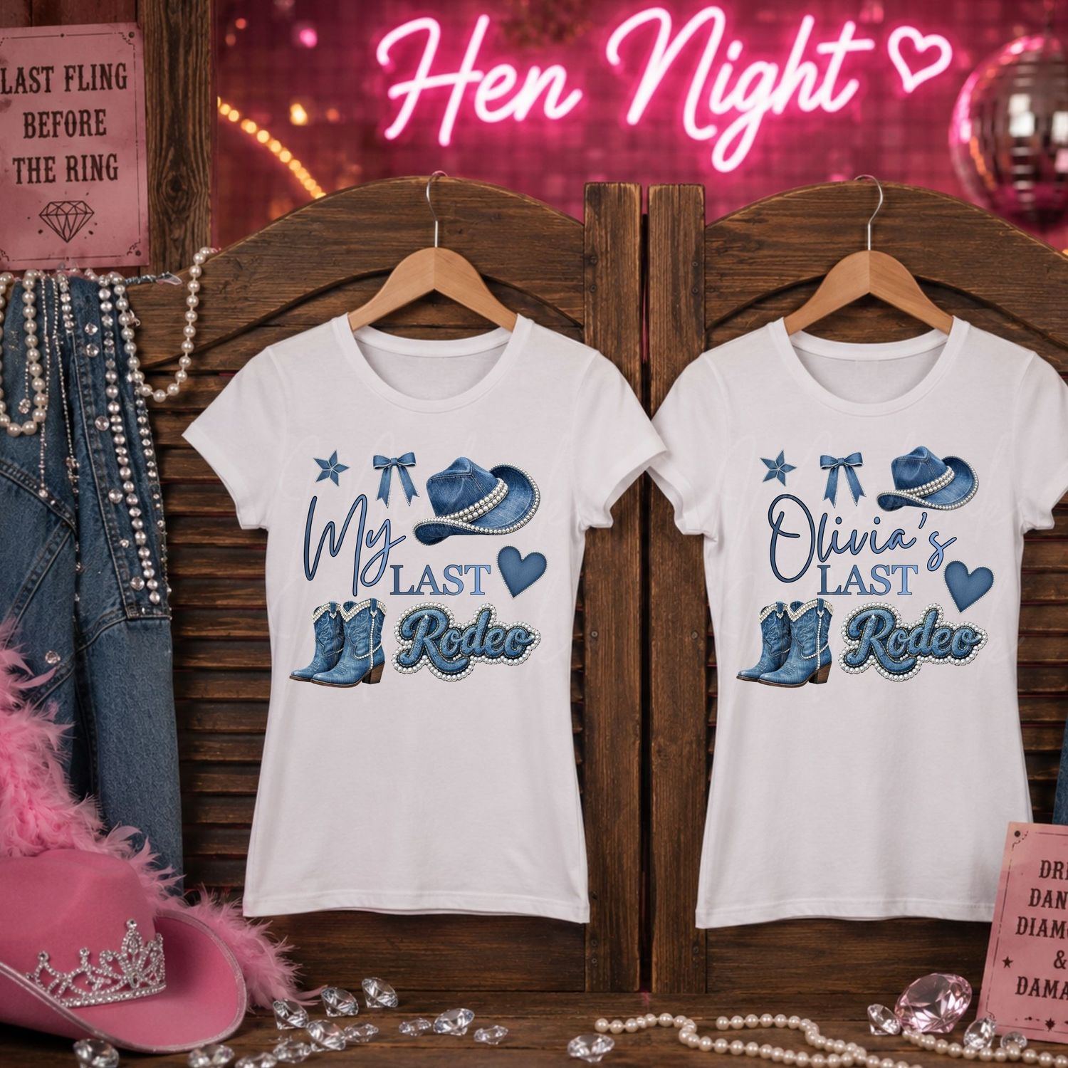 Last Rodeo Cow Girl Blue Hen Night Blue Denim Effect DTF