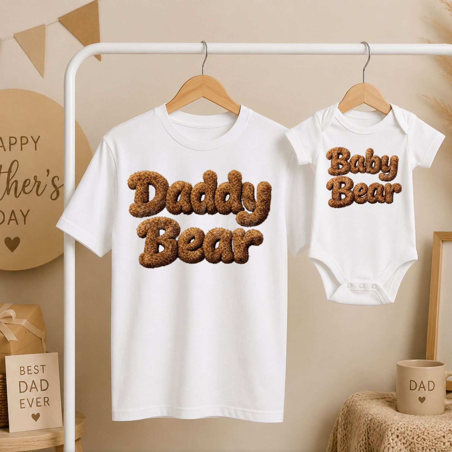 Daddy &amp; Baby Bear Fluffy Effect Text UVDTF or DTF Decal