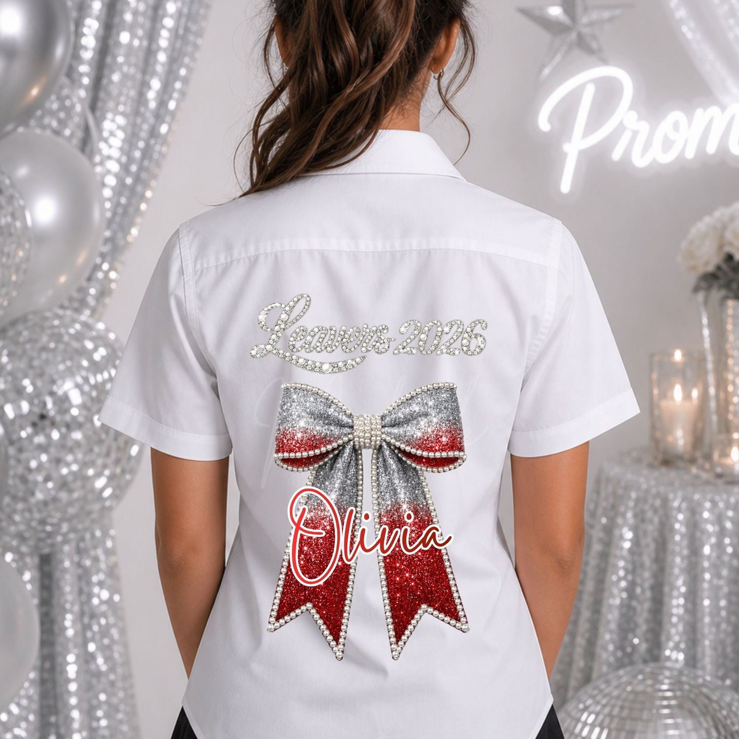 Ombre Red Pearls &amp; Sparkle Effect 2026 School Leavers DTF