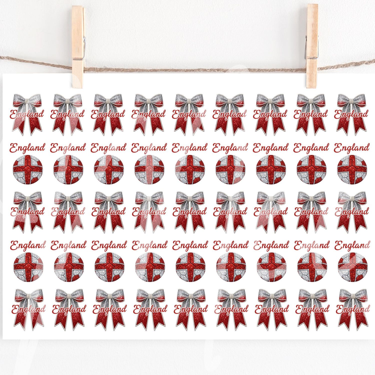 England Football Ombre Bow &amp; Glitter Effect Football Hair Bow Sheet A4 Sheet DTF or UVDTF