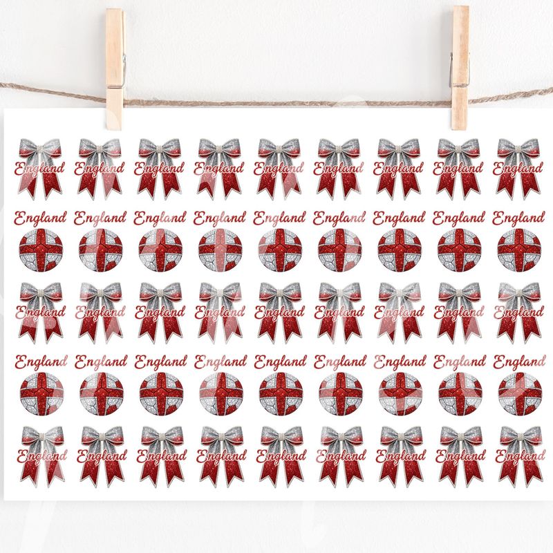 England Football Ombre Bow &amp; Glitter Effect Football Hair Bow Sheet A4 Sheet DTF or UVDTF