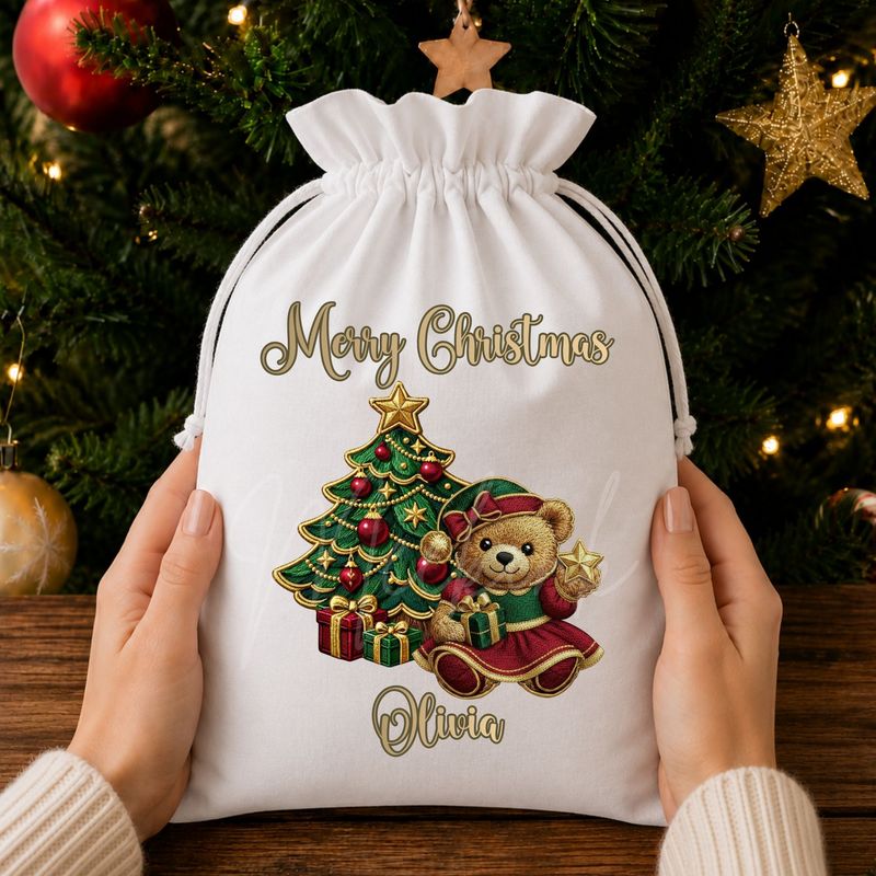 Merry Christmas Traditional Bear In Dress Faux Embroidery Gold Trim &amp;  DTF or UVDTF Decal