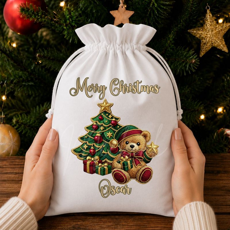 Merry Christmas Traditional Bear Faux Embroidery Gold Trim &amp;  DTF or UVDTF Decal