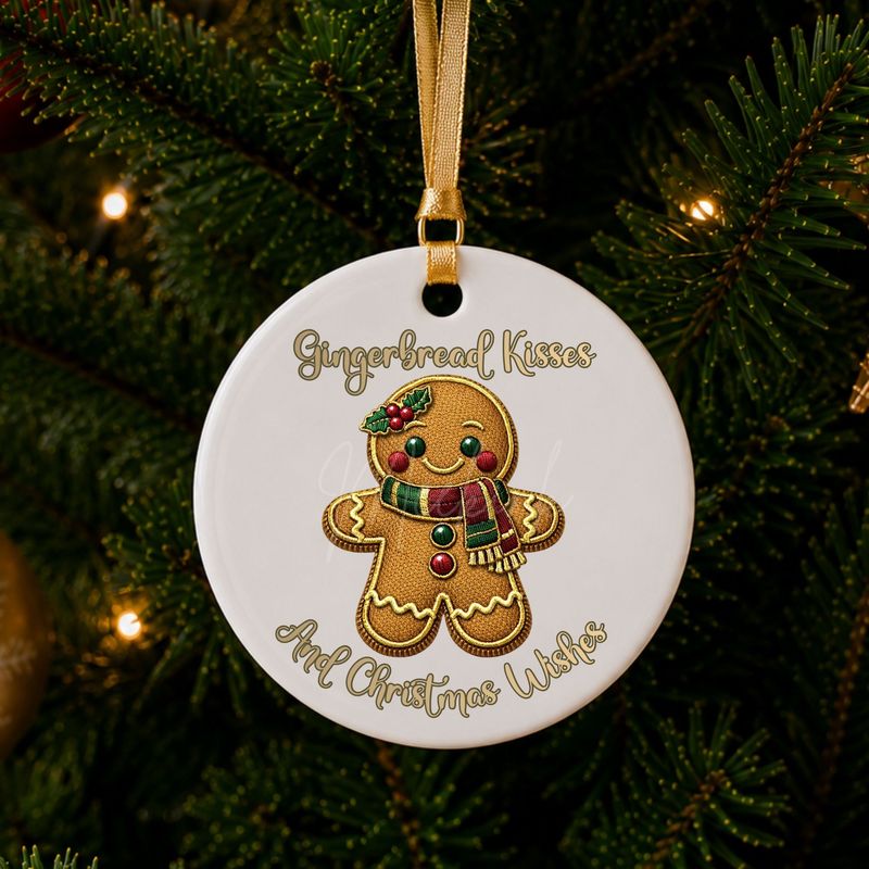 Gingerbread Kisses &amp; Christmas Wishes Faux Embroidery Gold Trim &amp;  DTF or UVDTF Decal