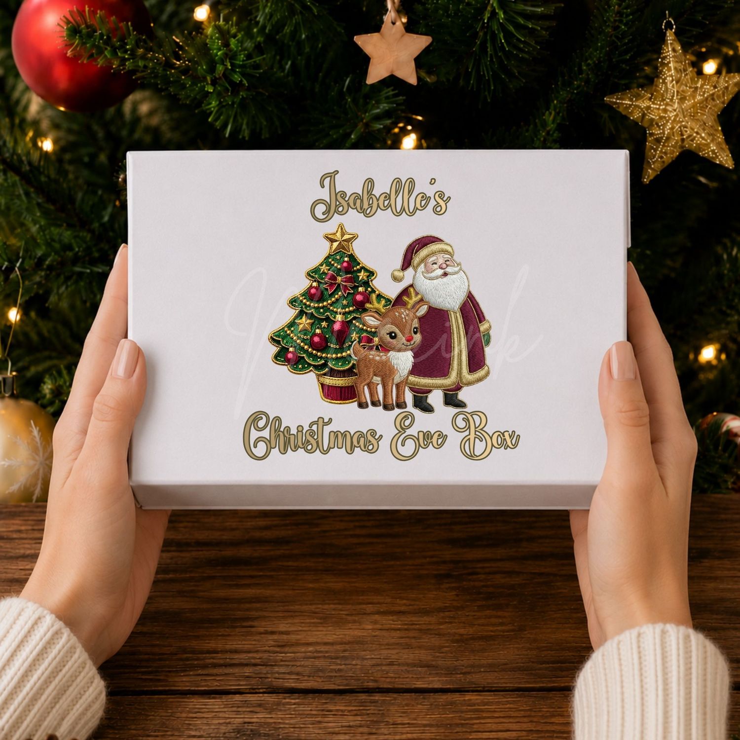 Santa &amp; Reindeer Christmas Eve Box Faux Embroidery Gold Trim &amp;  DTF or UVDTF Decal